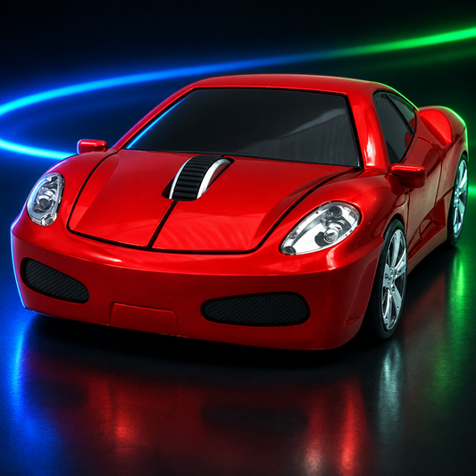 Red car-shaped wireless mouse on a black background with blue and green RGB lighting