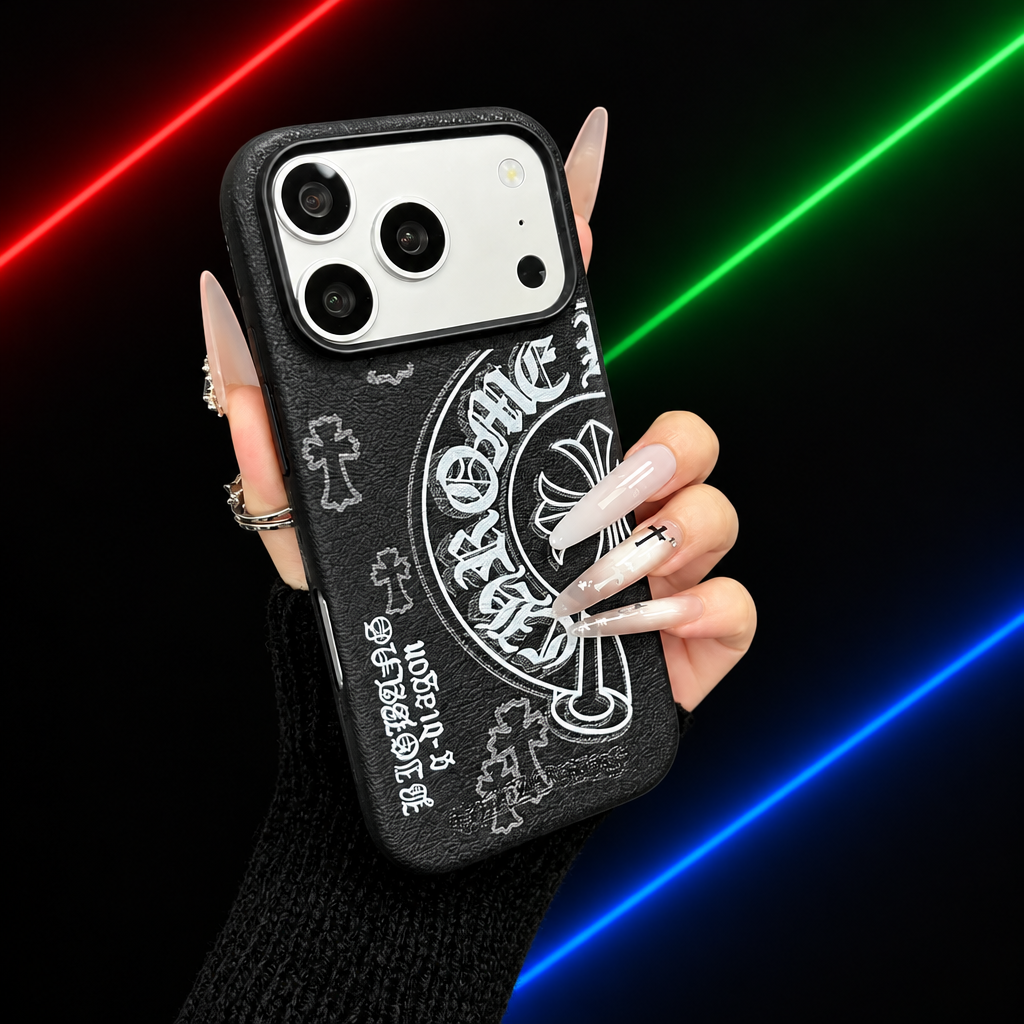 Hand holding a black printed phone case against a black background with red green and blue diagonal neon lights
