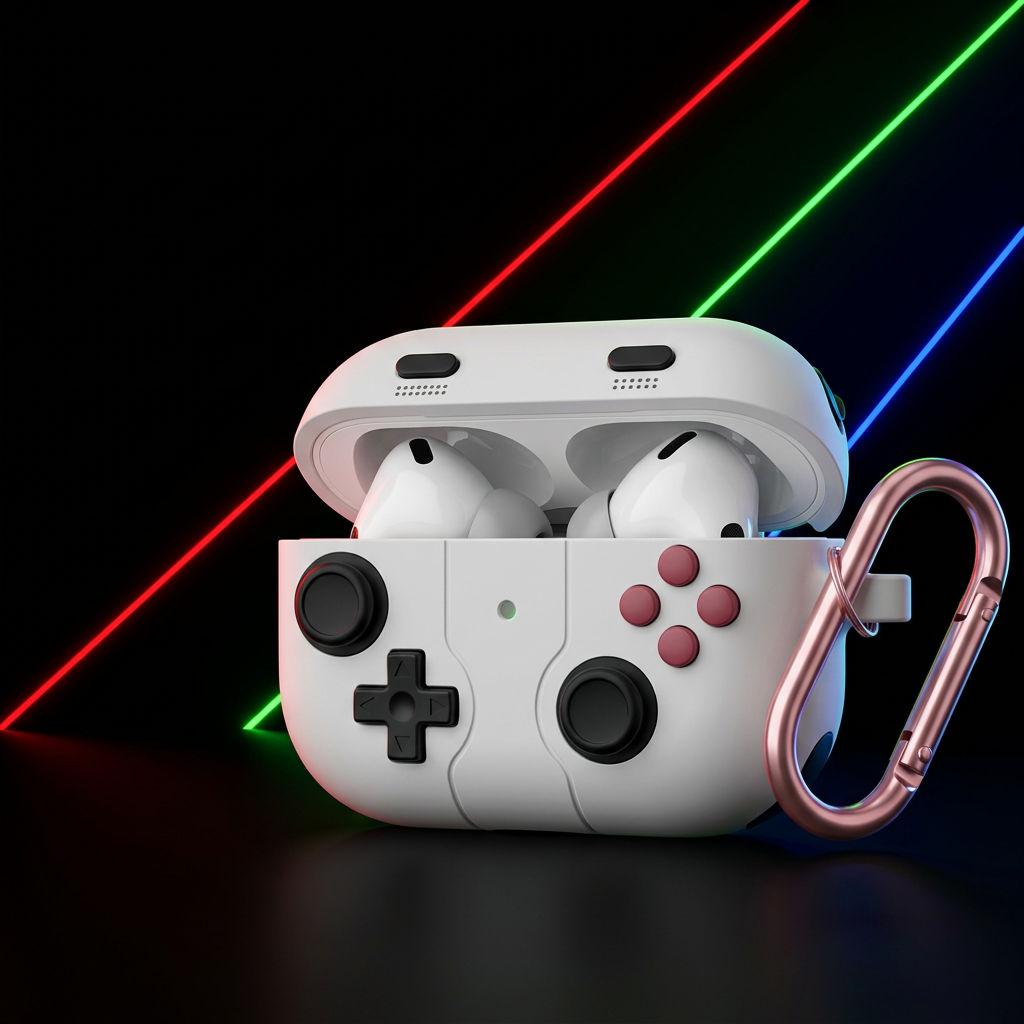 White game-controller-style AirPods cover with pink clip against a black RGB background